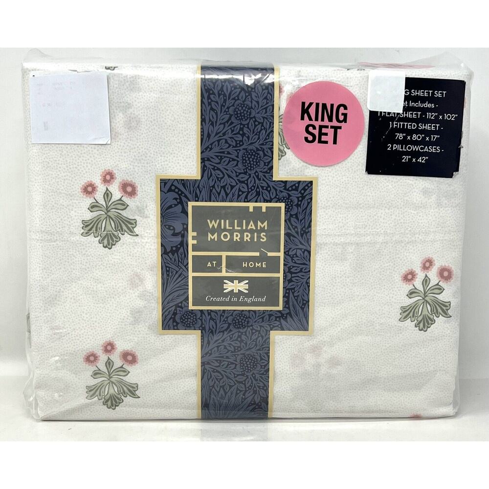 William Morris Woodland Floral Coral Pink King Sz Sheet Set Cotton Percale NIP